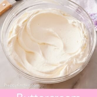 Pinterest graphic showing frosting in a bowl on a marble countertop with an offset spatula and table linen alongside.