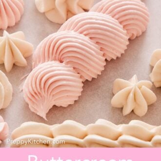 Pinterest graphic showing buttercream frosting piped on parchment paper in different patterns and in different colors.