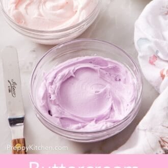 Pinterest graphic showing frosting in three different colors in bowls on a marble countertop.