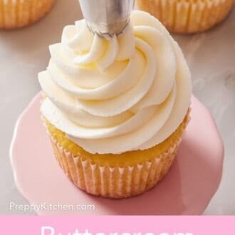 Pinterest graphic showing a cupcake on a small cake stand with frosting being piped on top.
