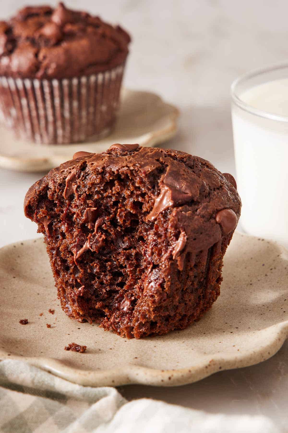 A chocolate muffin with a bite taken out on a plate next to a glass of milk mostly out of frame. Another muffin is in the background.