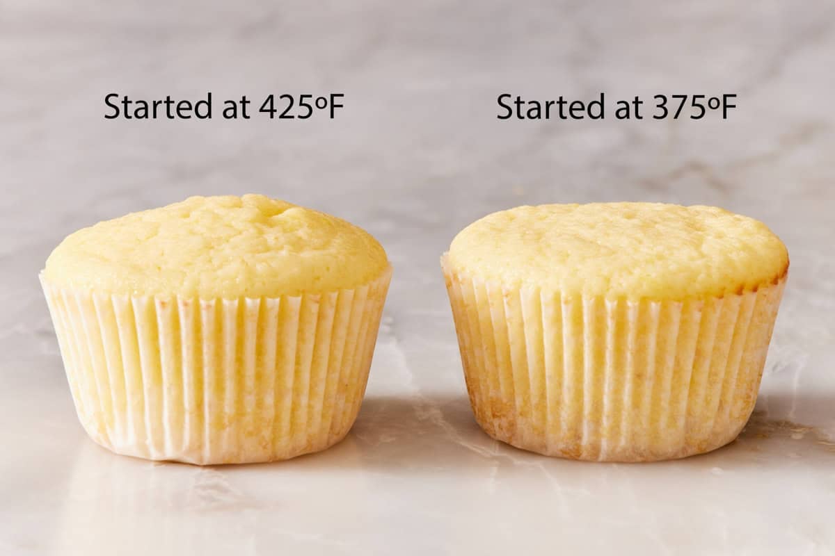 Two cupcakes side by side, one started at 425°F and the other started at 375°F.