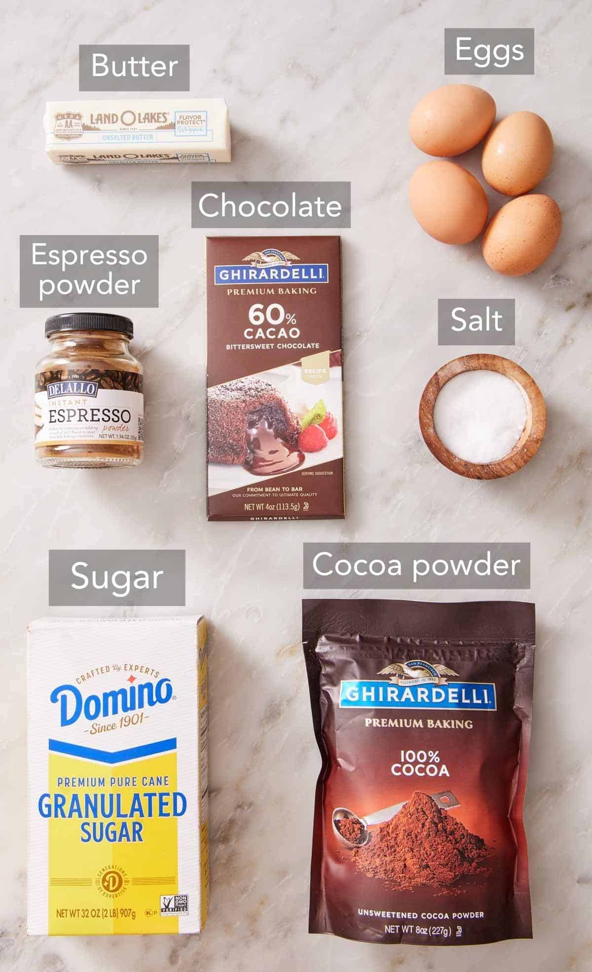 Ingredients needed to make flourless chocolate cake.