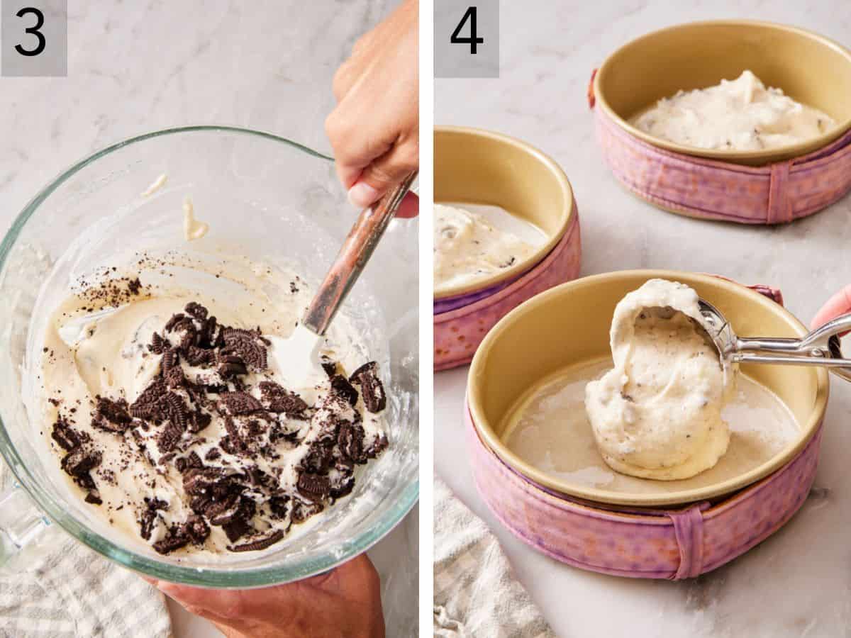 Set of two images showing chopped Oreos added to batter, and batter divided amongst three cake pans.