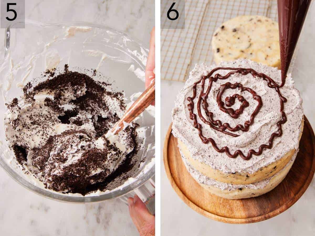 Set of two images showing frosting made in a bowl, and the layered cake asembled.