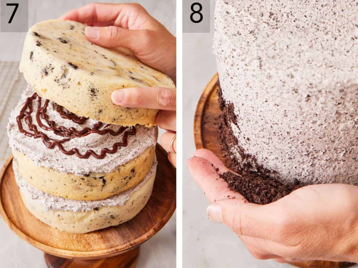 Set of two images showing a layer added on top and Oreo crumbs pressed into the side of the cake.