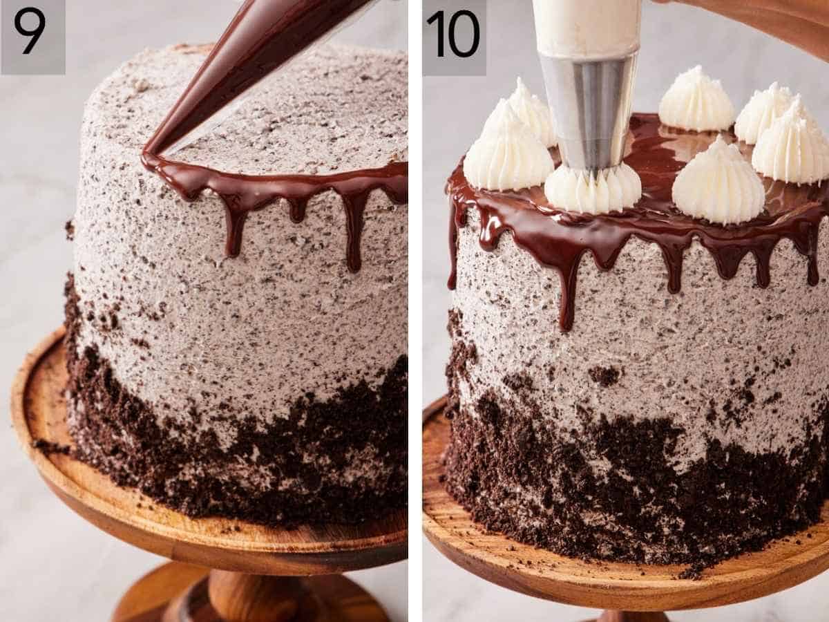 Set of two images showing ganache drip and white buttercream piped.