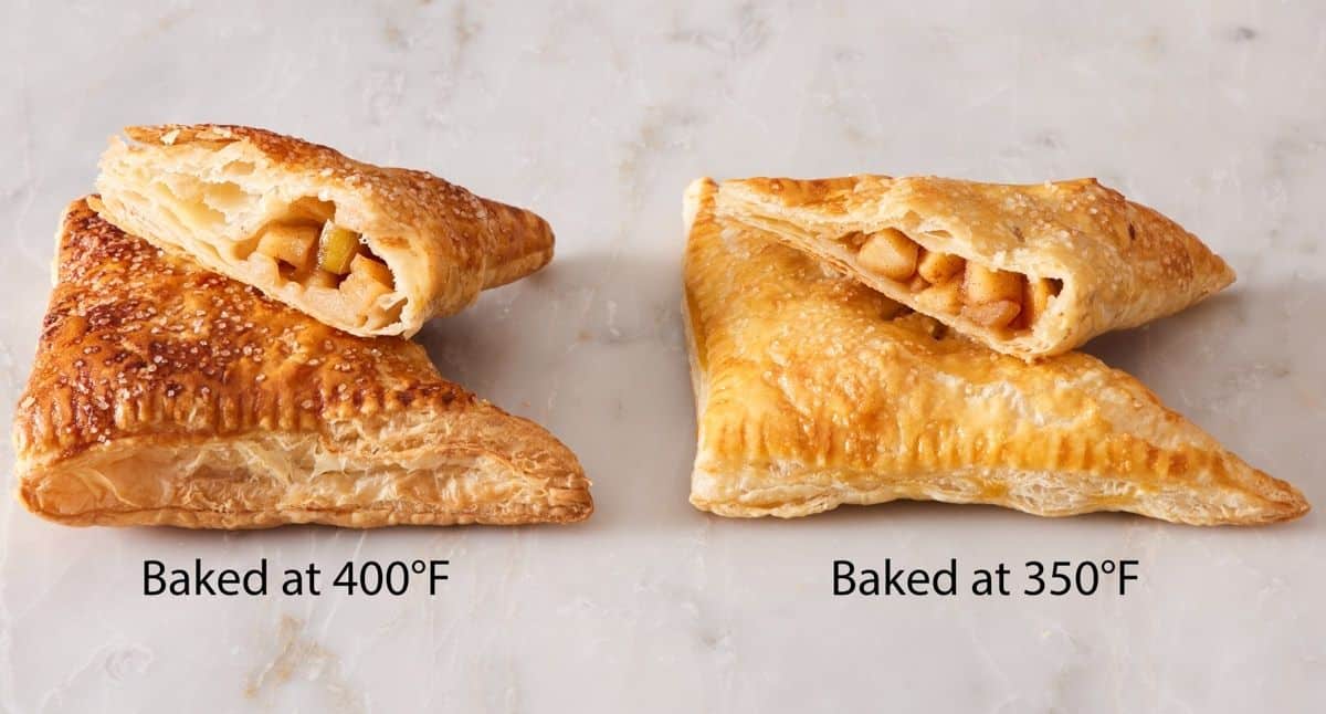 Comparison image showing apple turnovers baked at different temperatures (400F vs 350F).