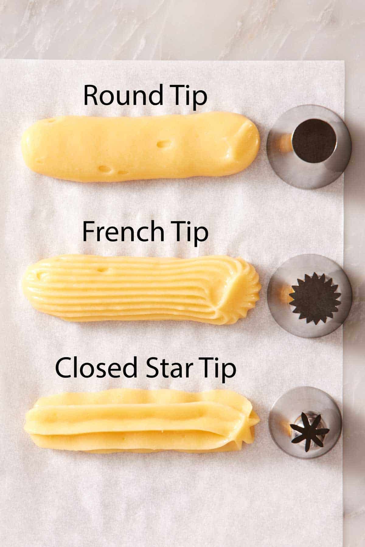 Three strips of churro dough piped with 3 different tips.