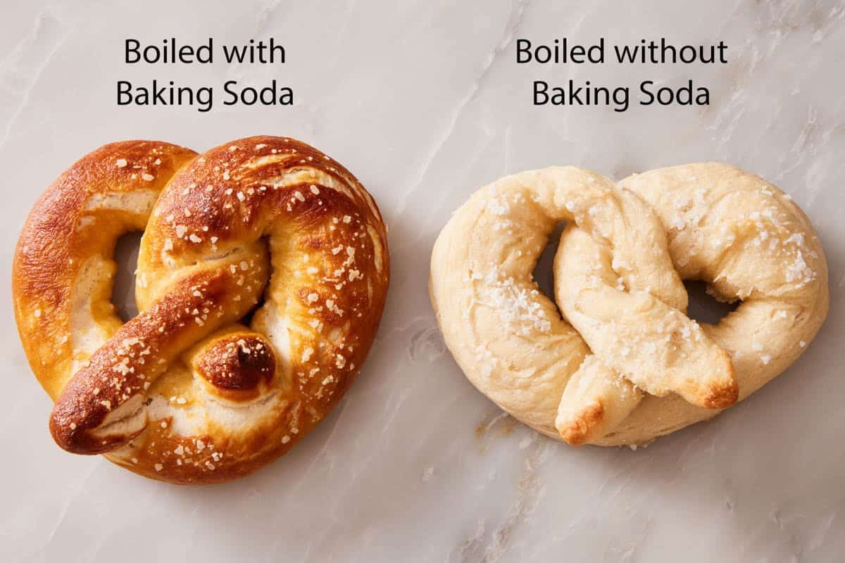 Two pretzels side by side, one boiled with baking soda and the other without.
