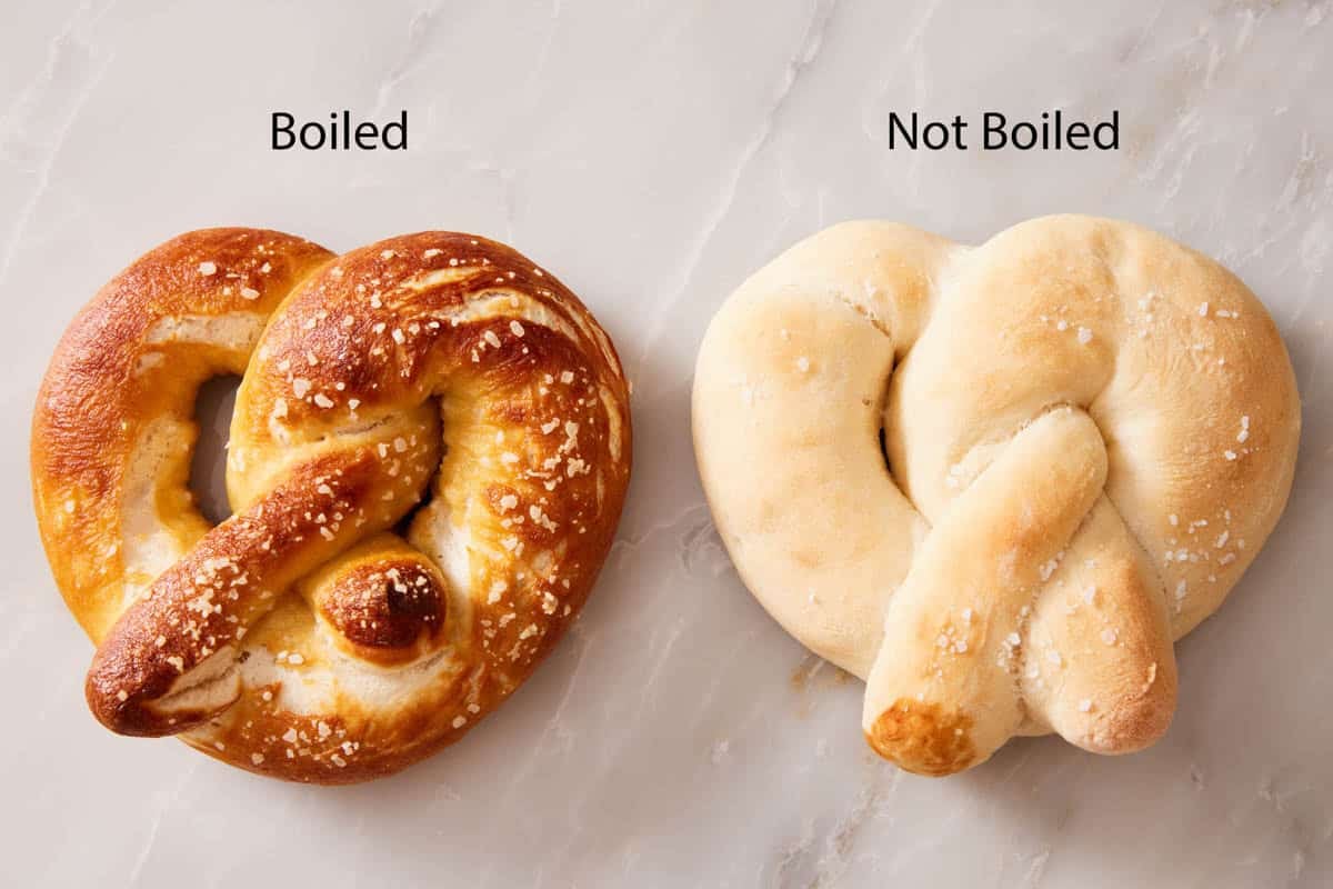 Two pretzels side by side showing a boiled vs not boiled pretzel.