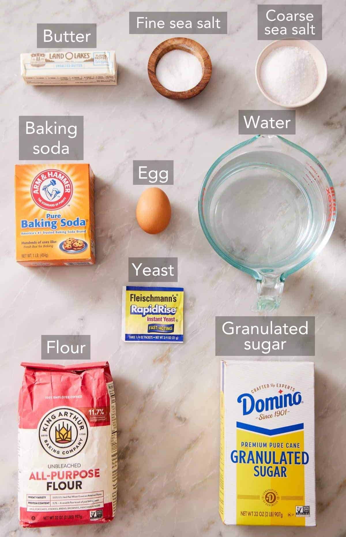 Ingredients for this soft pretzel recipe.