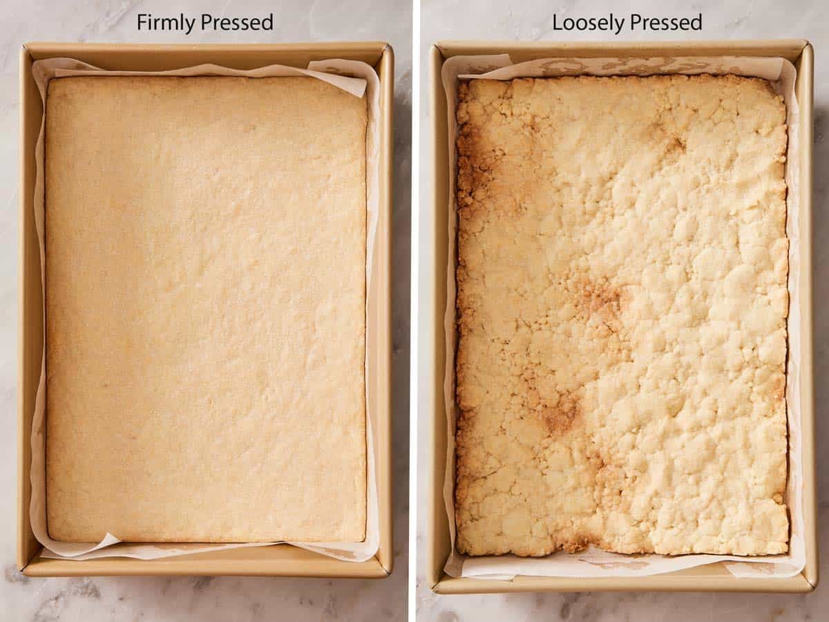 Comparison image showing a firmly pressed and loosely pressed lemon bar crust.