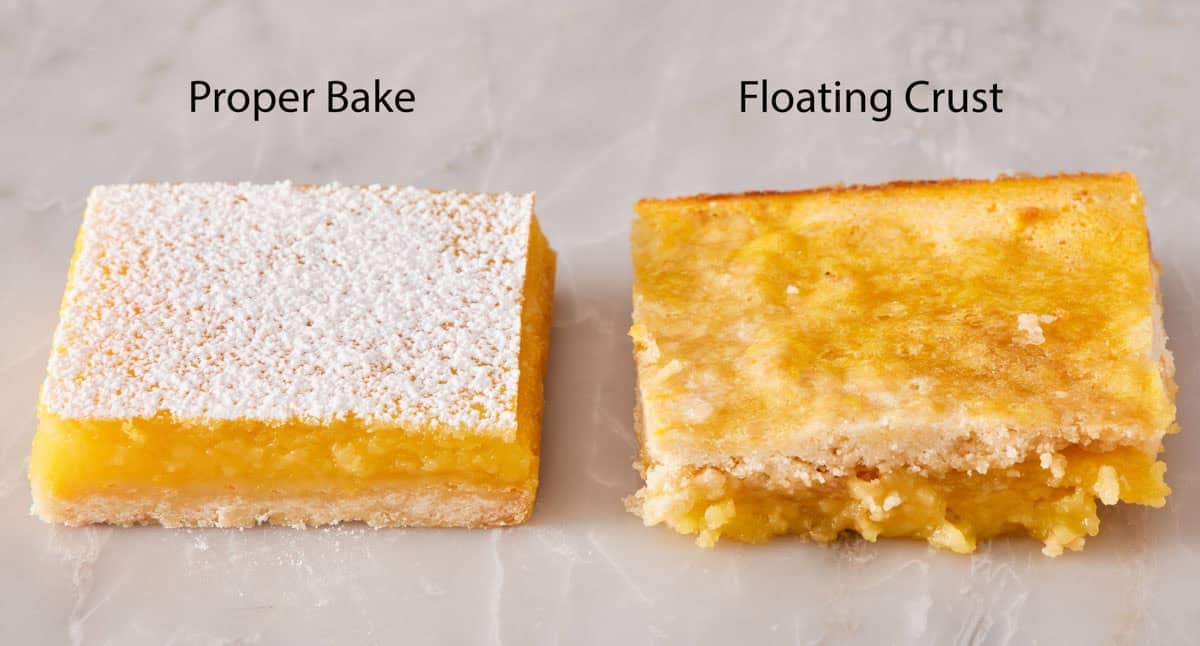Comparison image of two lemon bars, one baked properly and the other with a floating crust.