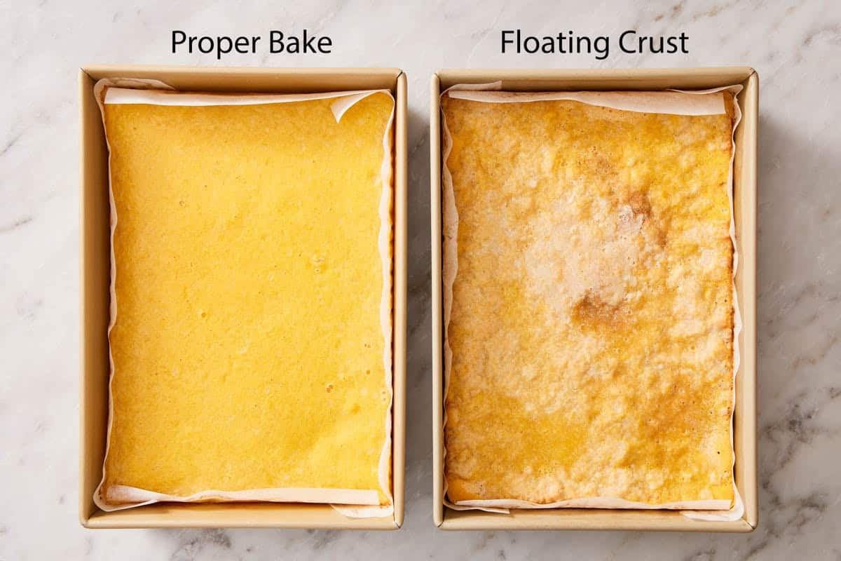 Overhead comparison image showing a proper bake vs a floating crust.