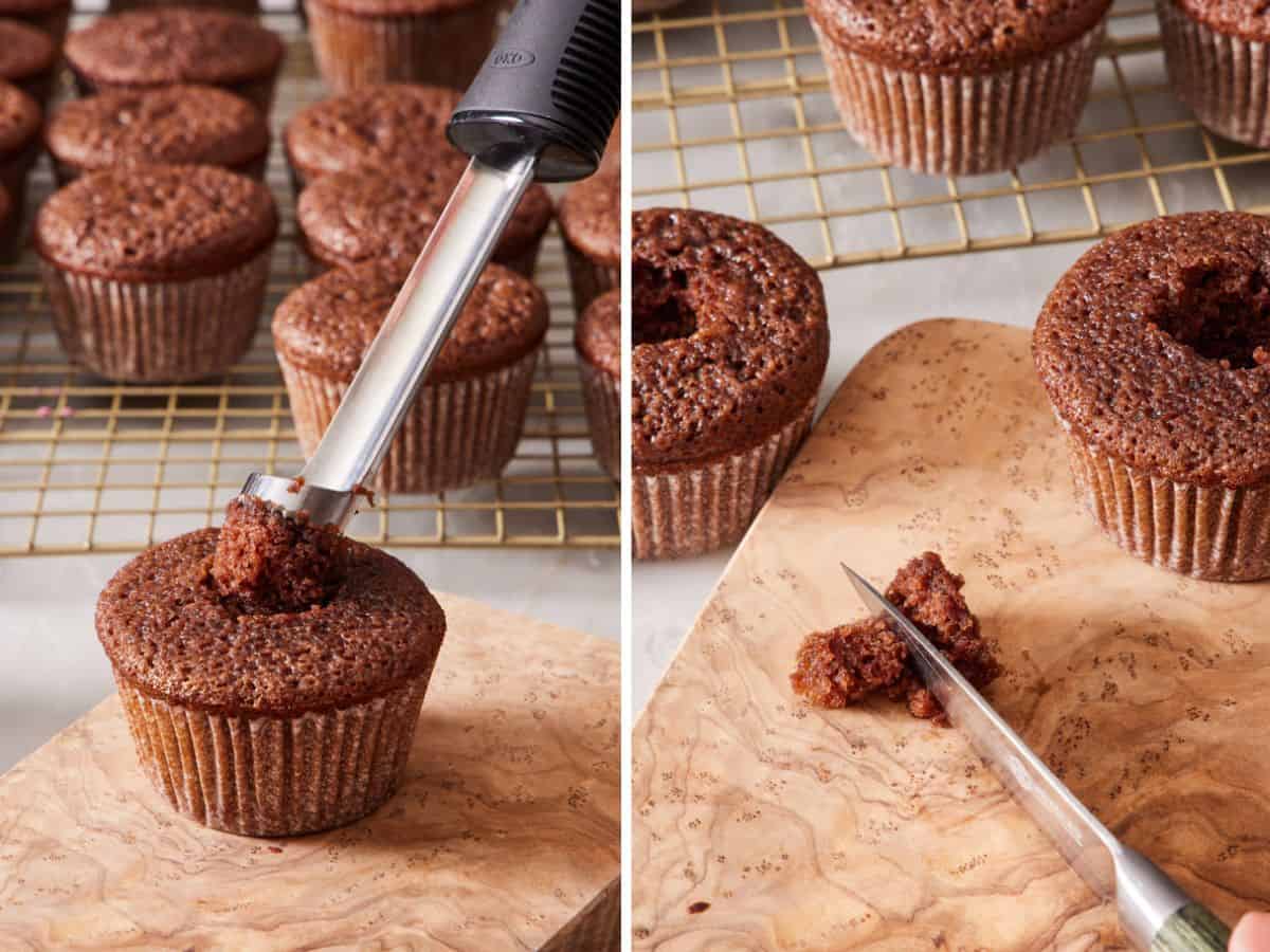 Set of two images showing how to core a cupcake.