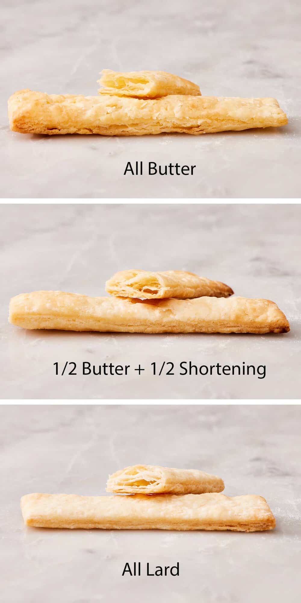 Three images in a column showing crusts made with different fats.