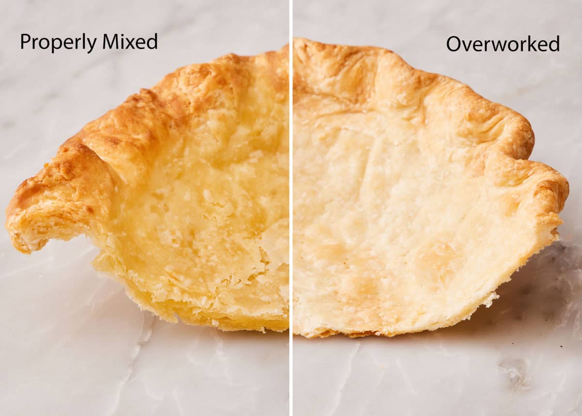 Comparison image showing overmixed versus properly mixed pie crust.