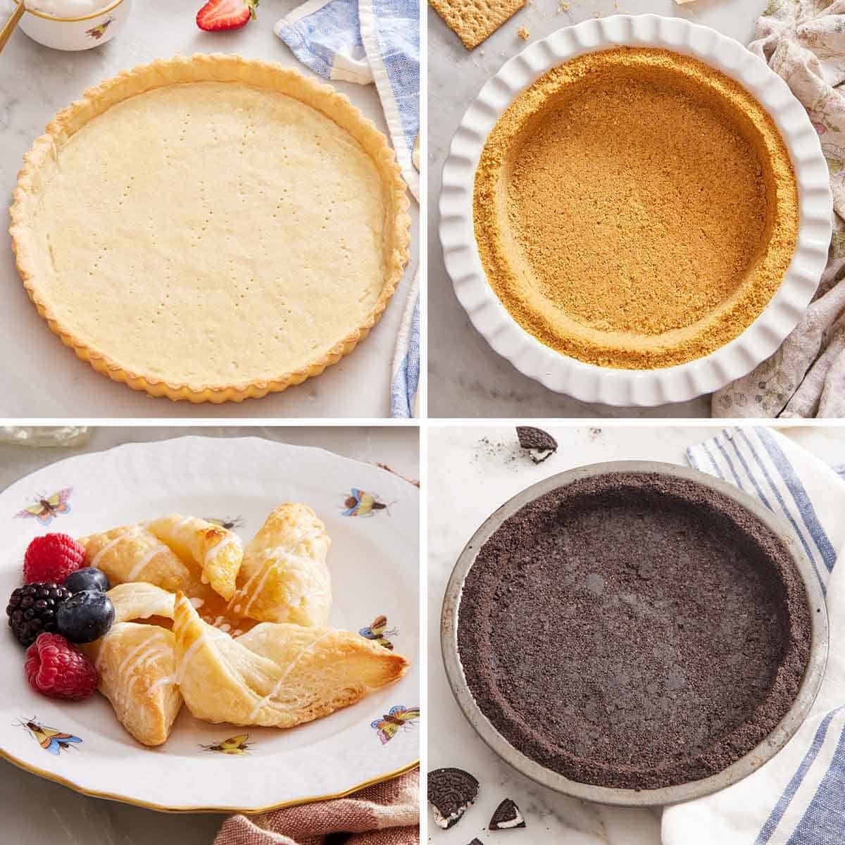 Four images showing different types of pie crust.