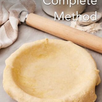 Pinterest graphic showing pie dough laid in a pie dish with a rolling pin and a container of flour behind it.