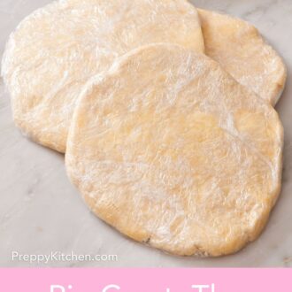 Pinterest graphic showing three pie dough discs wrapped and ready for freezing.