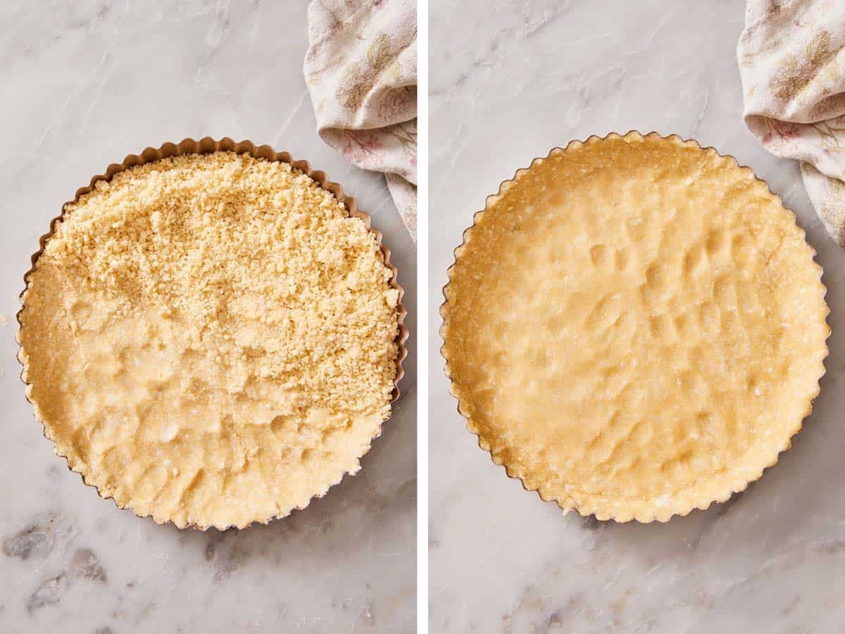 Set of two images showing the tart crust recipe press-in method.