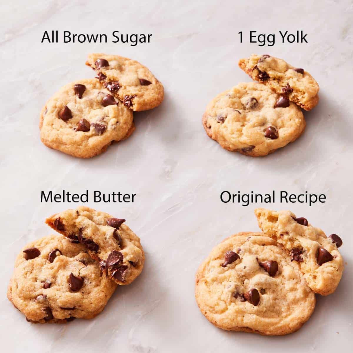Comparison image of chewy cookies made with different ingredients.