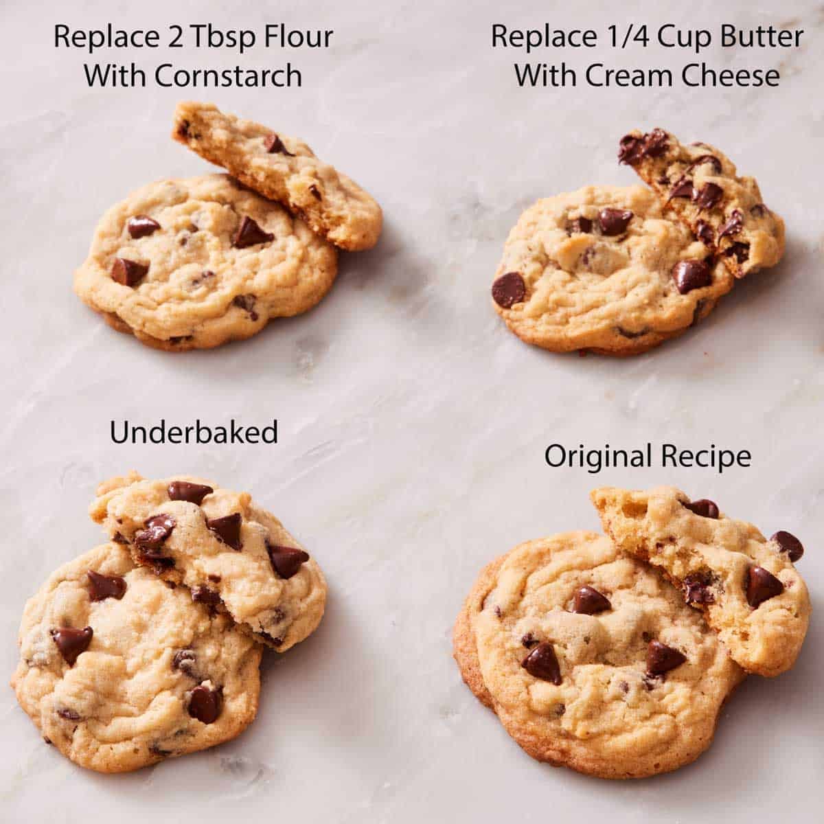 Comparison image of soft cookies made with different ingredients.