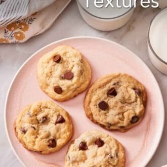 Pinterest graphic showing an overhead shot of chocolate chip cookies on plates.