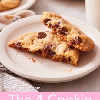 Pinterest graphic showing a cookie torn in half and placed on a small plate next to a glass of milk. More cookies in the background.