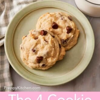 Pinterest graphic showing an overhead shot of two cookies on a plate next to a glass of milk.