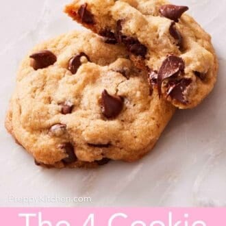 Pinterest graphic showing one and a half chocolate chip cookies on a marble countertop.