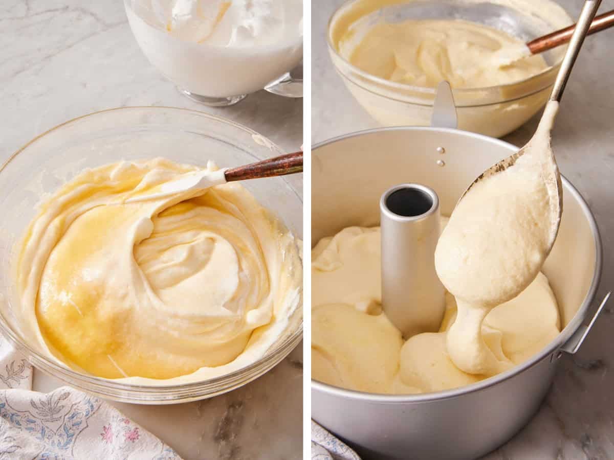 Set of two images showing the foam method for mixing cake.