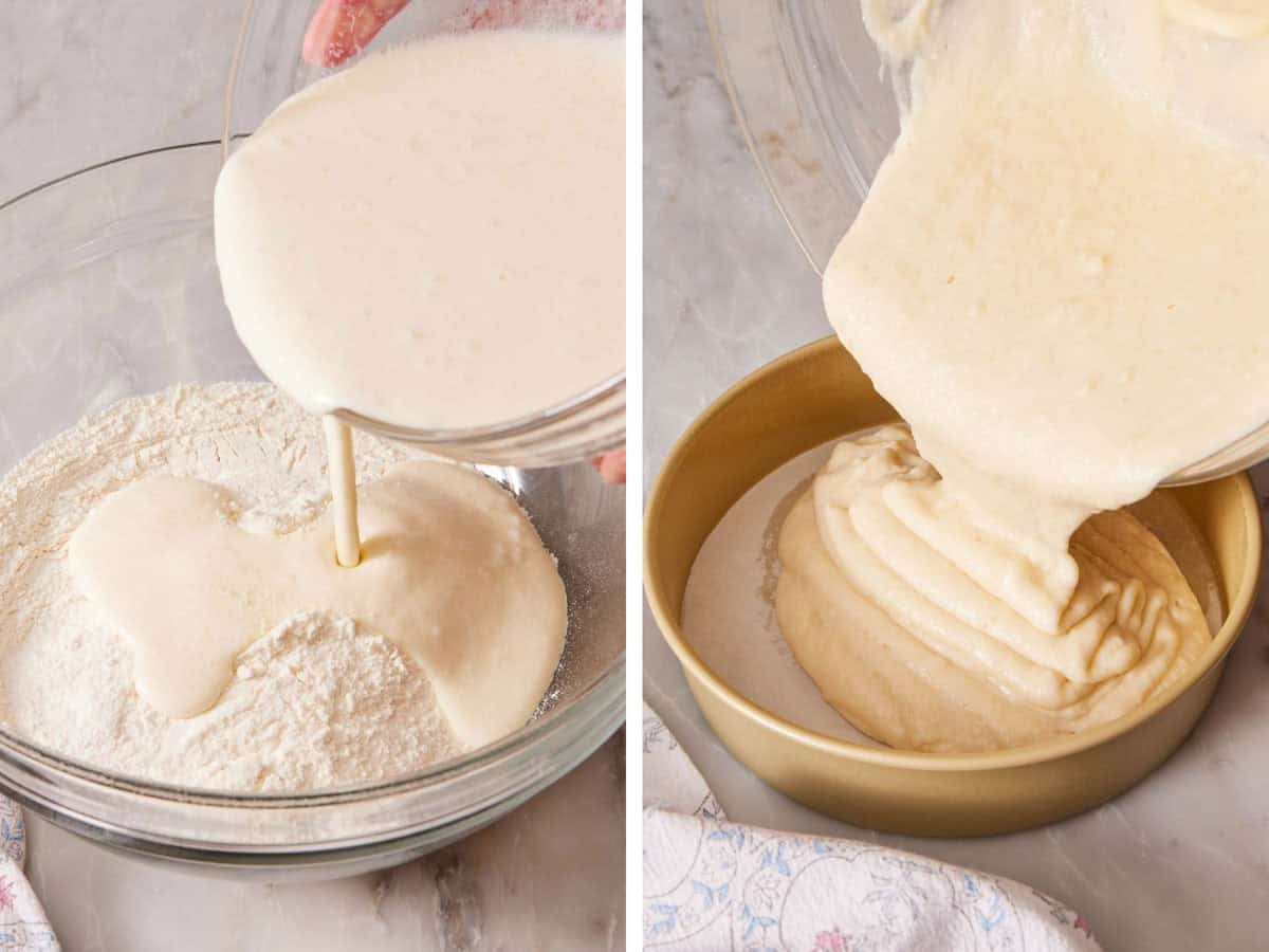 Set of two images showing the blended method for mixing cake.