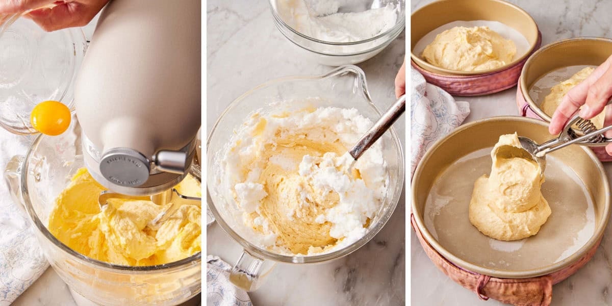 Set of three images showing the combination method for cake mixing.