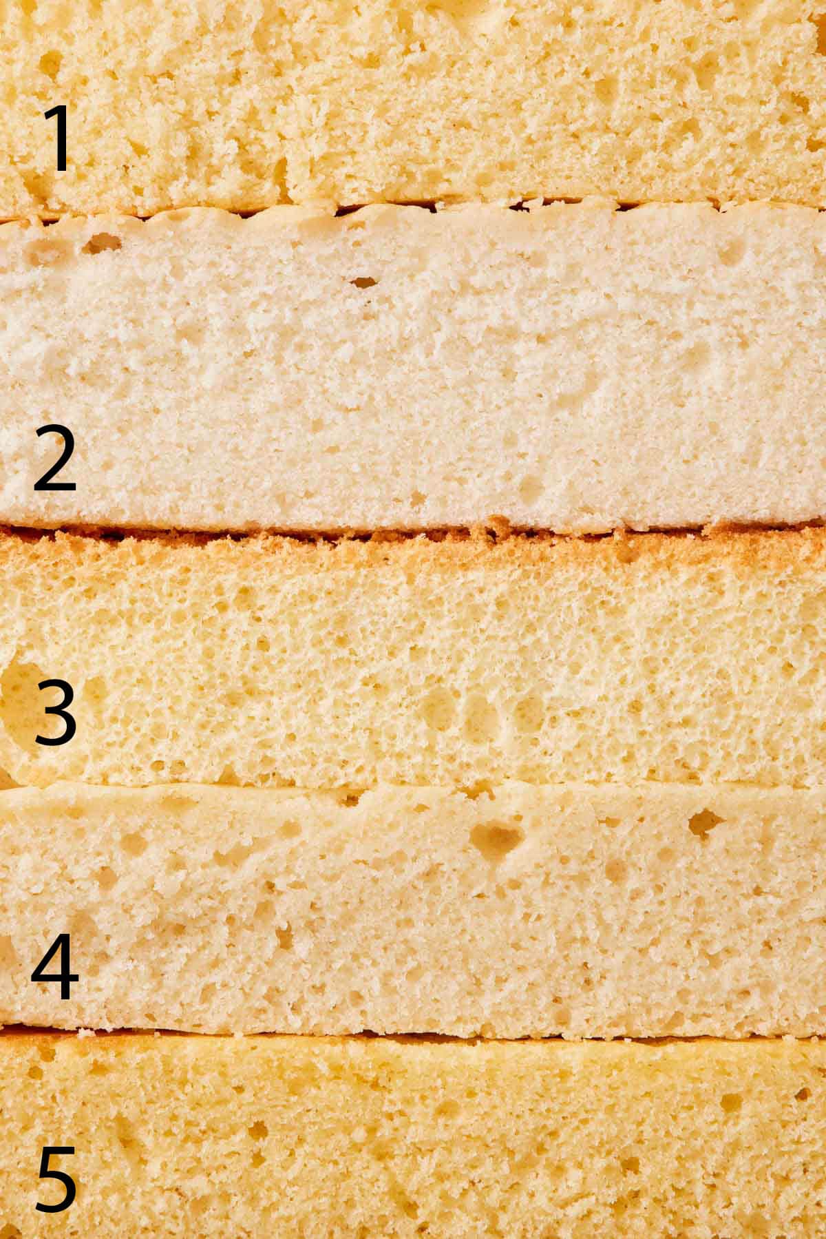 Cake layers with different textures stacked on top of each other.