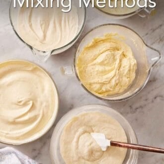 Pinterest graphic showing an overhead shot of several cake batters in containers that used different mixing methods.