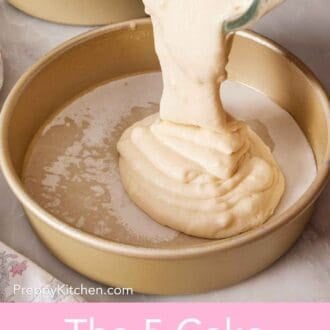 Pinterest graphic showing cake batter poured into a round cake pan.