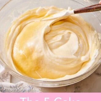 Pinterest graphic showing cake batter mixed in a glass bowl with a spatula.