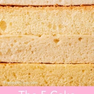 Pinterest graphic showing cake layers with different textures stacked on top of each other.