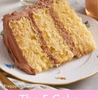 Pinterest graphic showing a slice of yellow cake on its side on a plate.