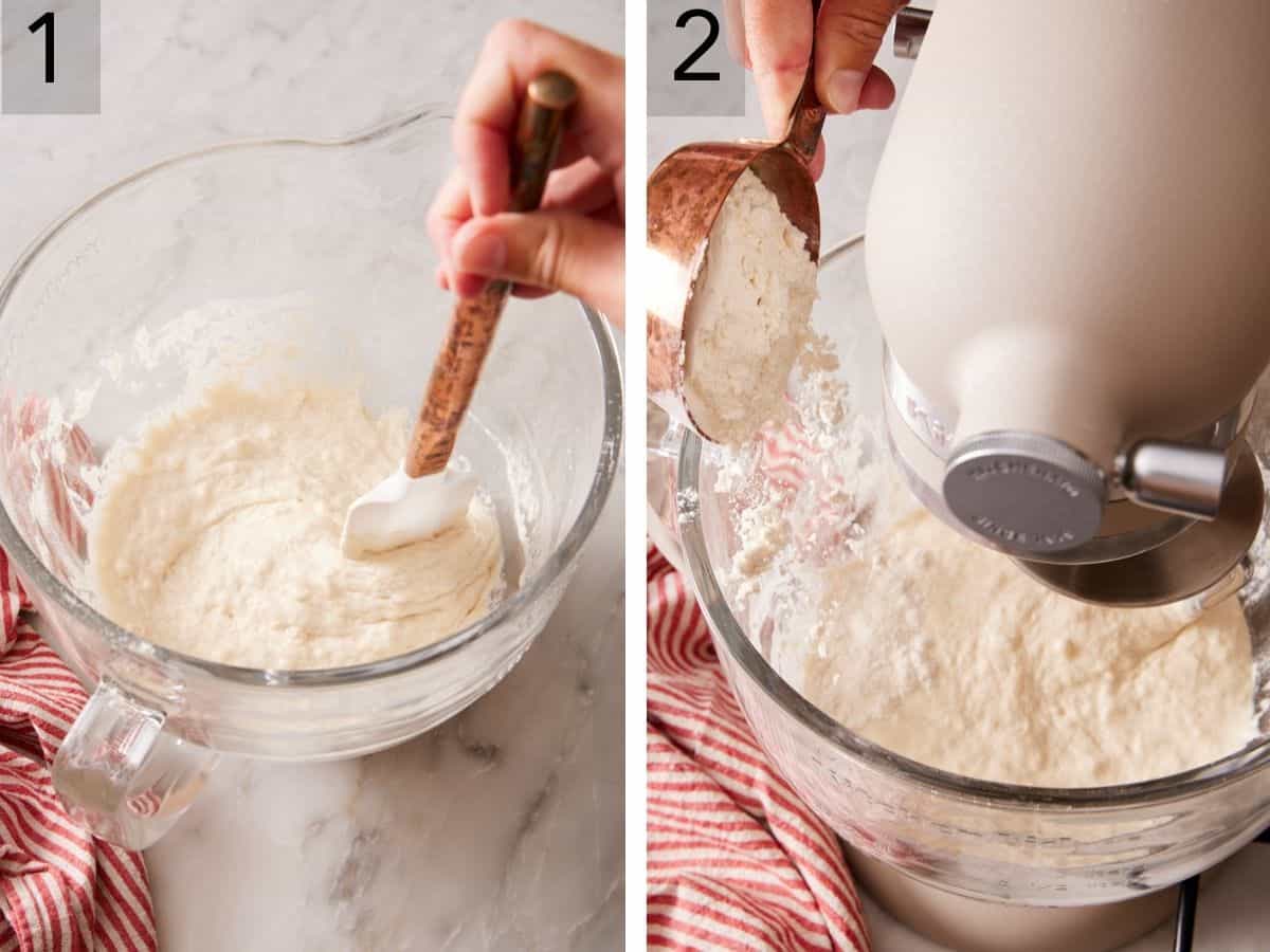 Set of two images showing dough started and kneaded in a stand mixer.