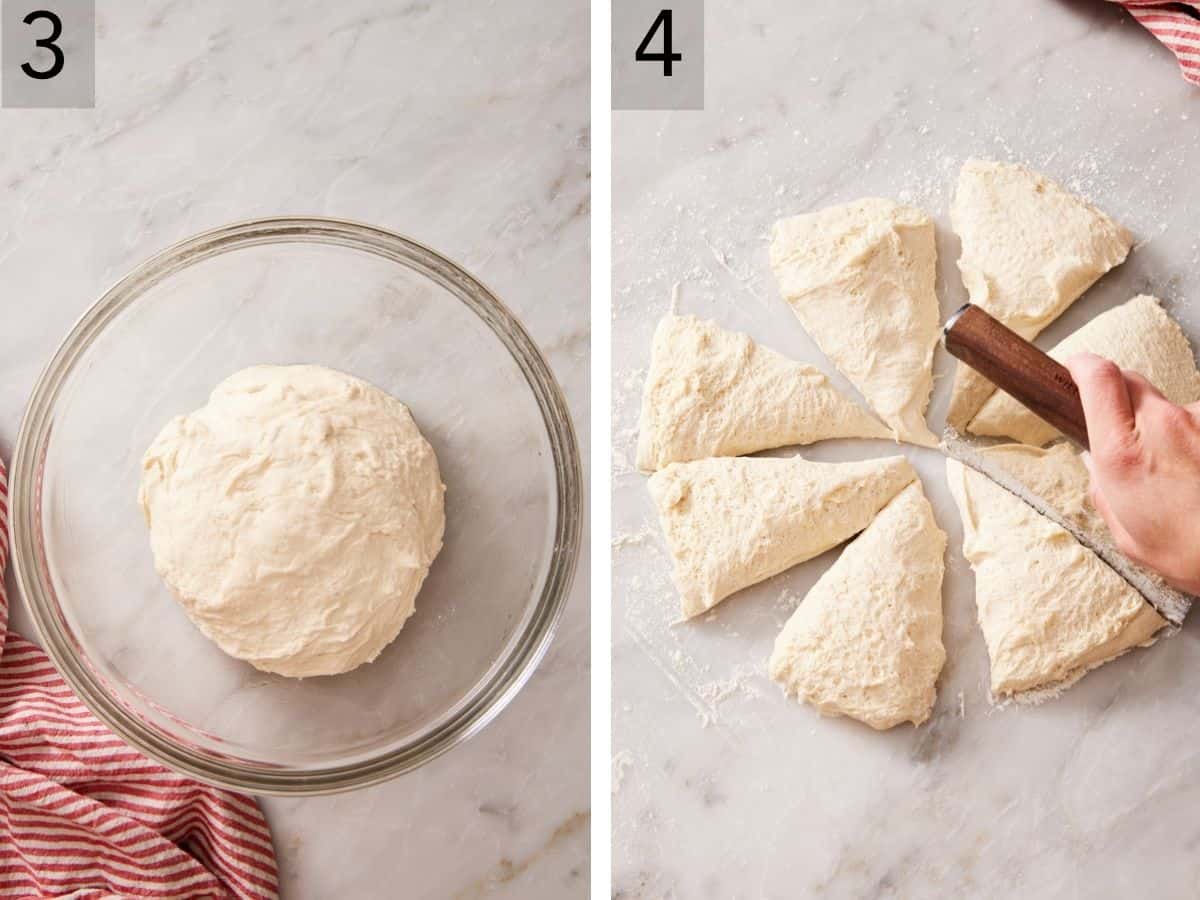 Set of two images showing soft pretzel dough rising and cut into 8 pieces.