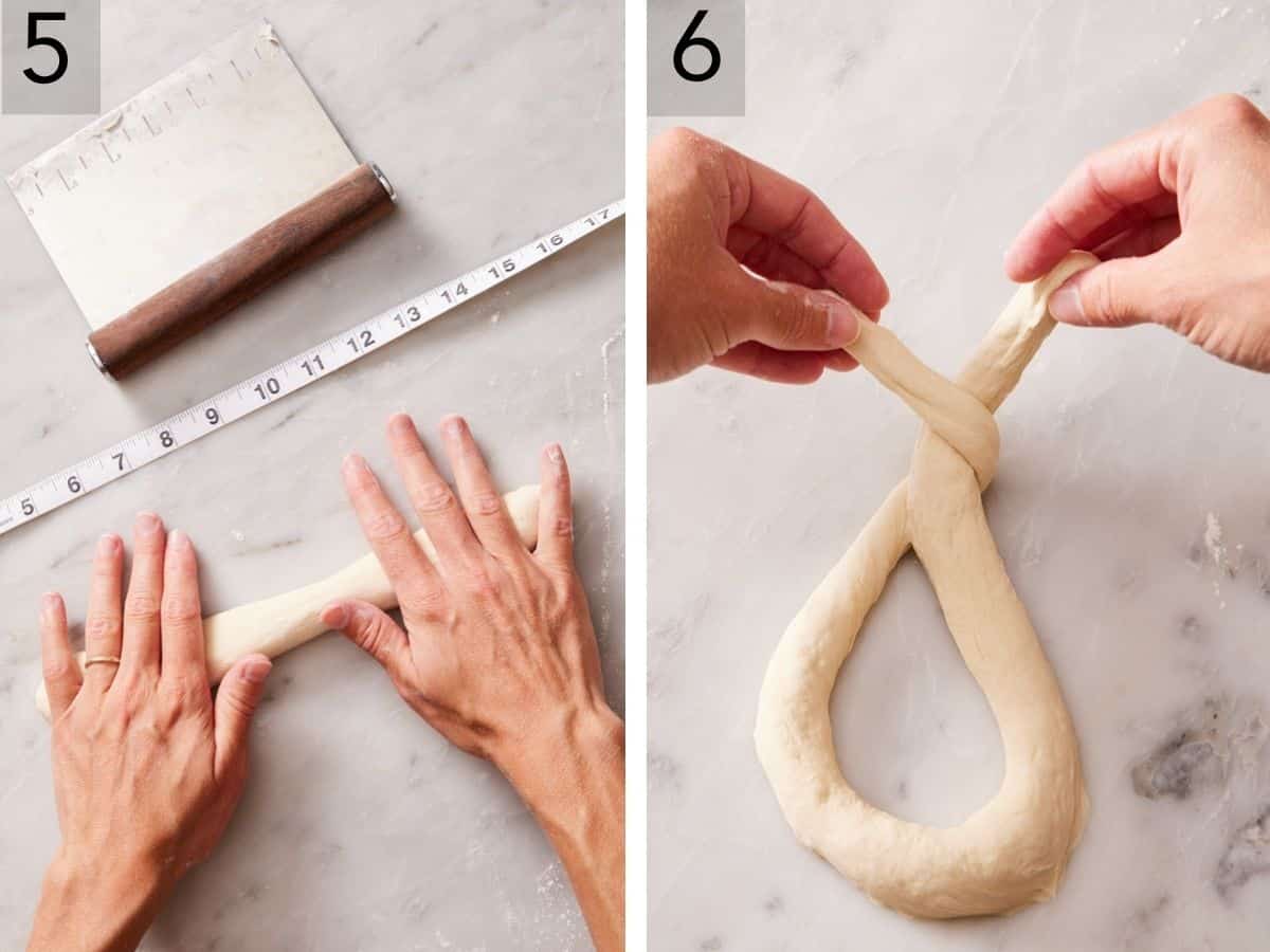 Set of two images showing a piece rolled into a rope and the classic pretzel shape started.