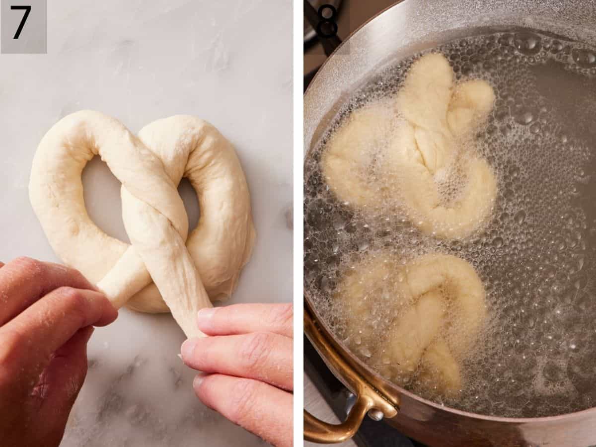 Set of two images showing the pretzel shape completed, and pretzels boiled in a large pot.