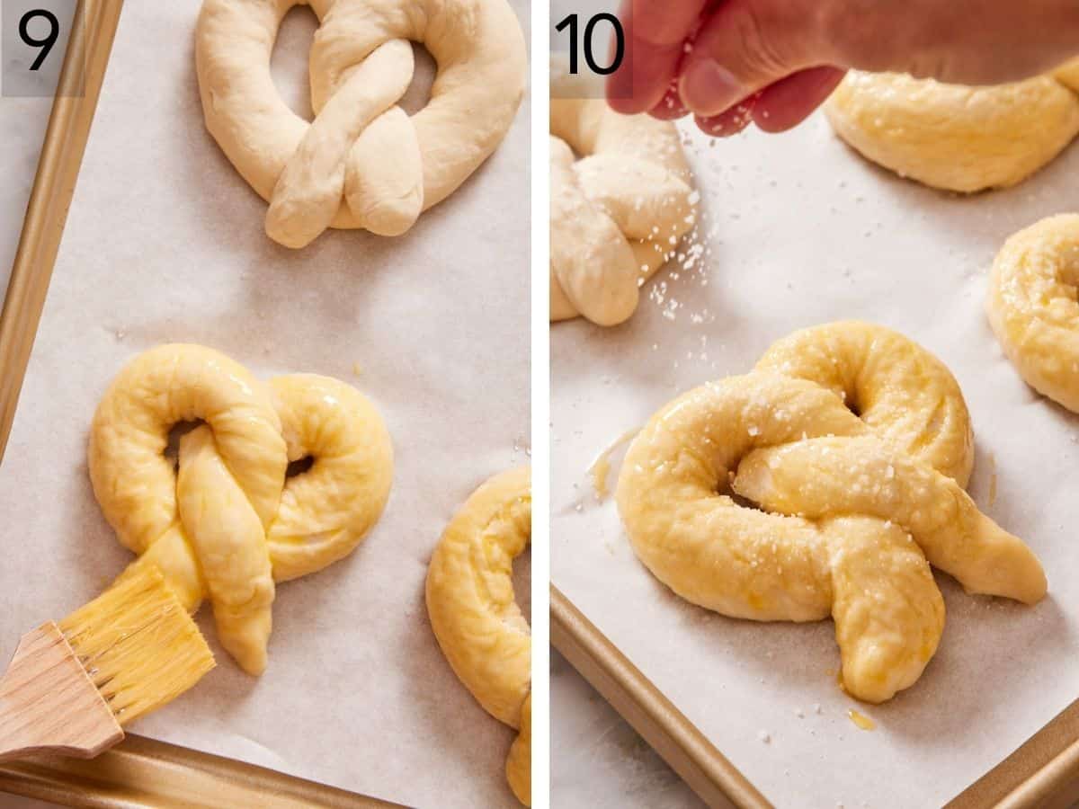 Set of two images showing soft pretzels brushed with egg wash and sprinkled with coarse salt.