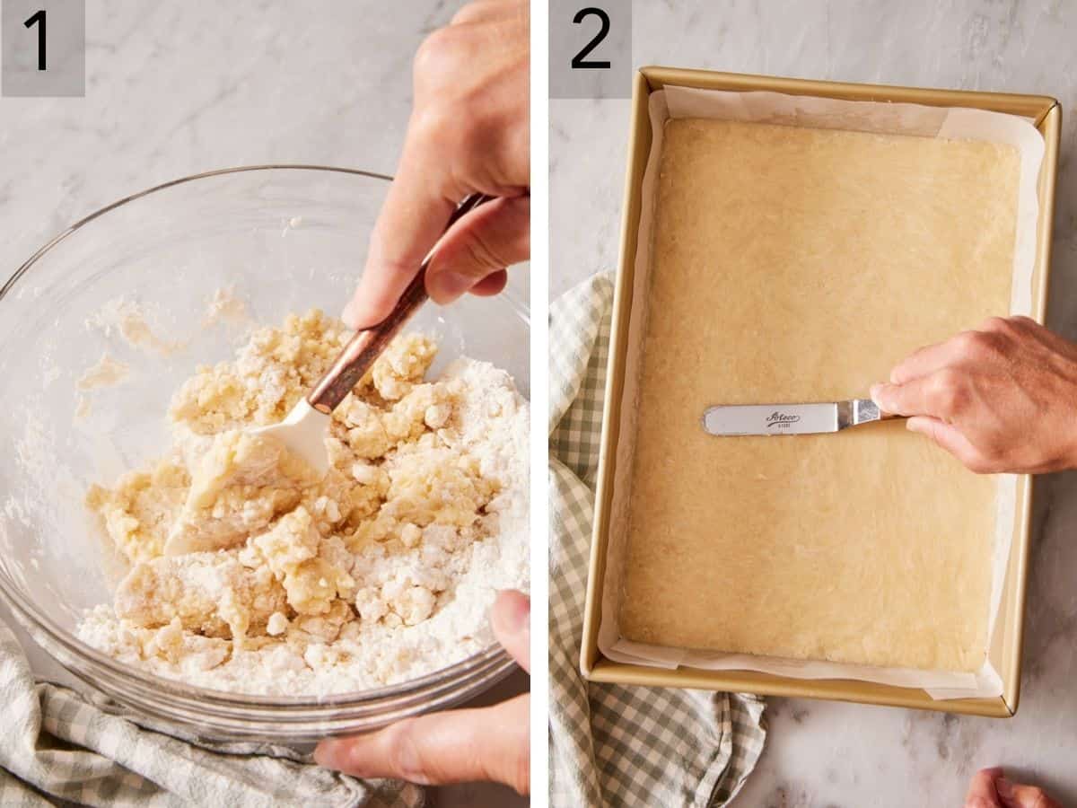 Set of two images showing crust stirred together in a bowl, and a pan lined with parchment paper.