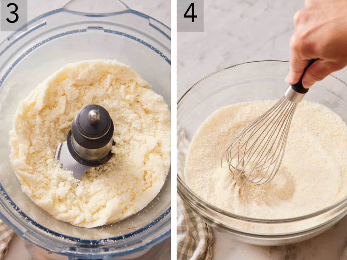 Set of two images showing sugar and zest combined in a food processor, and then combined with flour in a separate bowl.