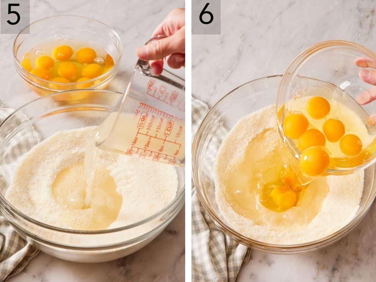 Set of two images showing lemon juice and eggs added to the bowl.