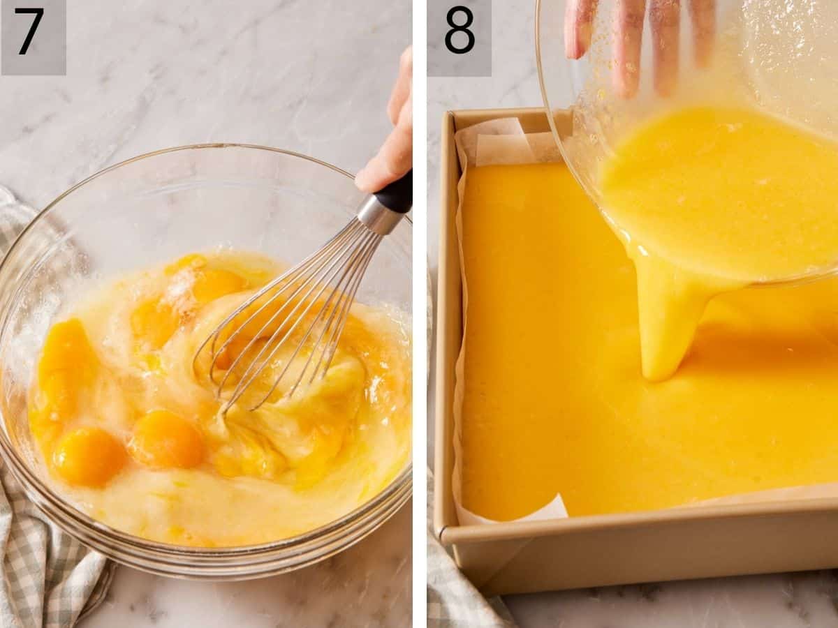 Set of two images showing mixture whisked together, and filling poured onto the crust.